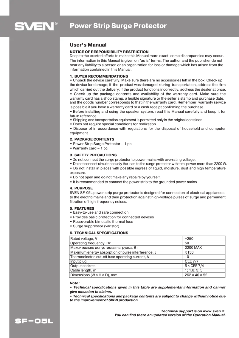 Page n°1 - Manuel utilisateur Sven SF-05L