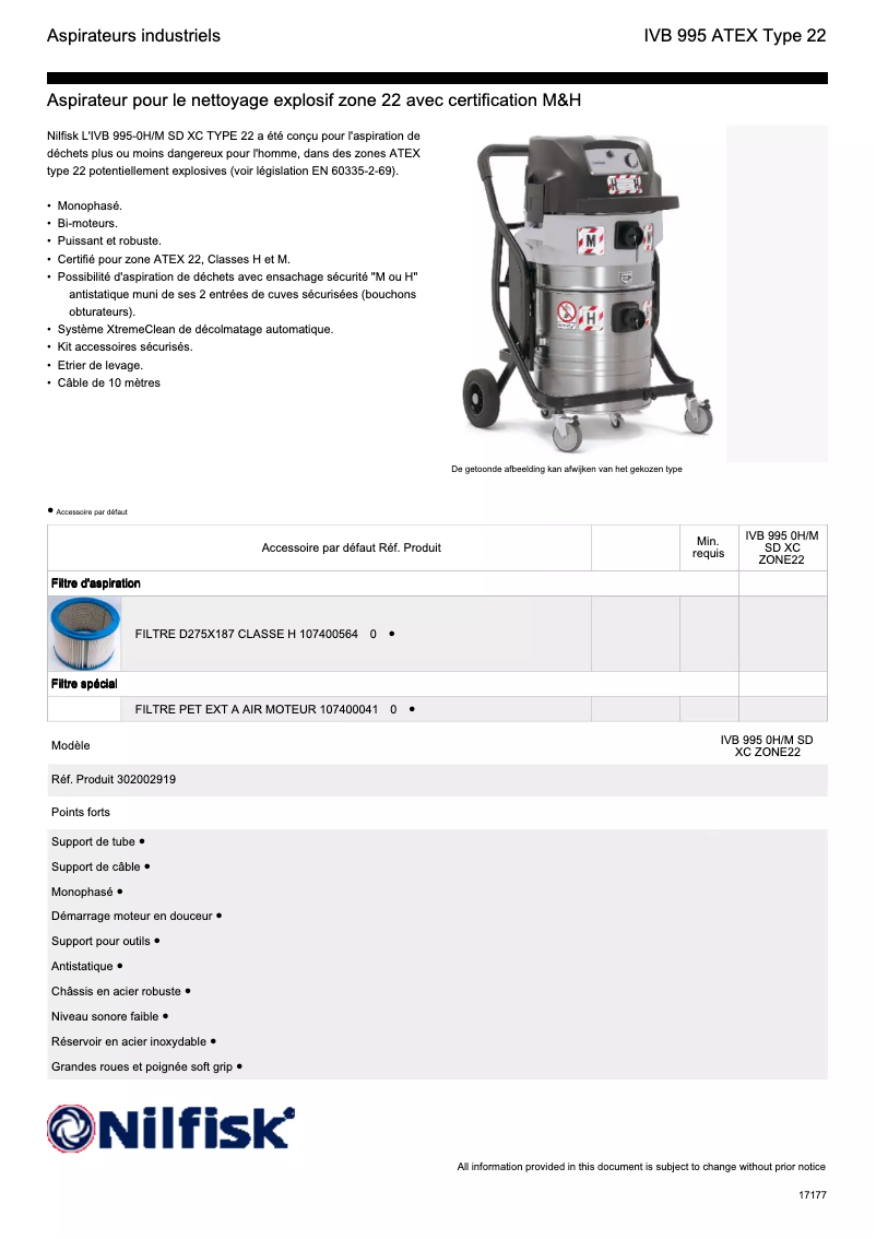 Page 1 de la notice Fiche technique Nilfisk IVB 995-0H/M SD XC