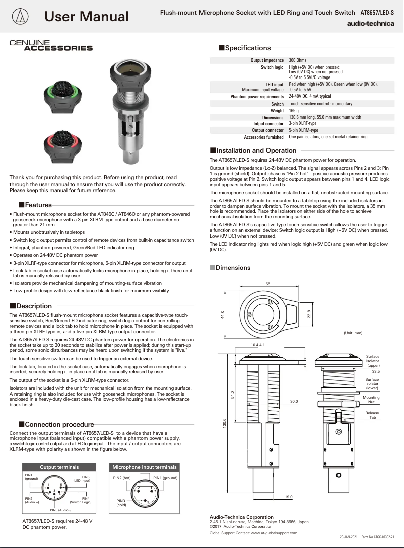 Page 1 de la notice Manuel utilisateur Audio-Technica AT8657/LED-S