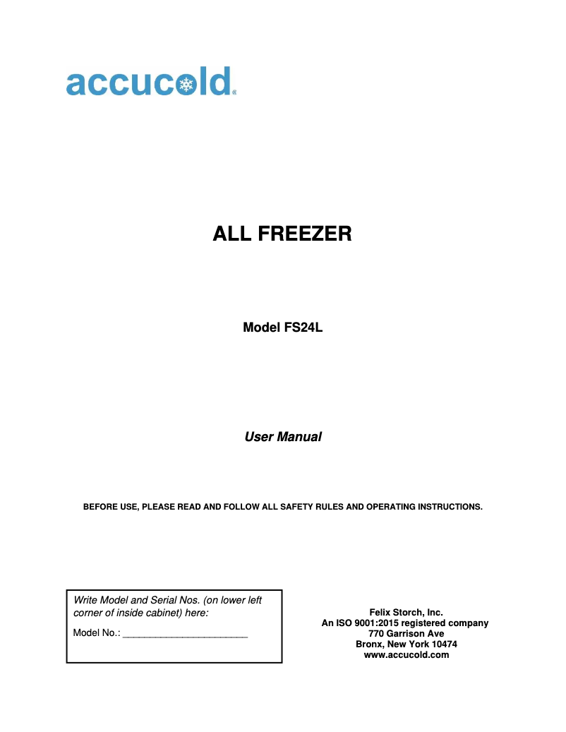 Page n°1 - Manuel d'utilisation et d'entretien Summit Accucold FS24L