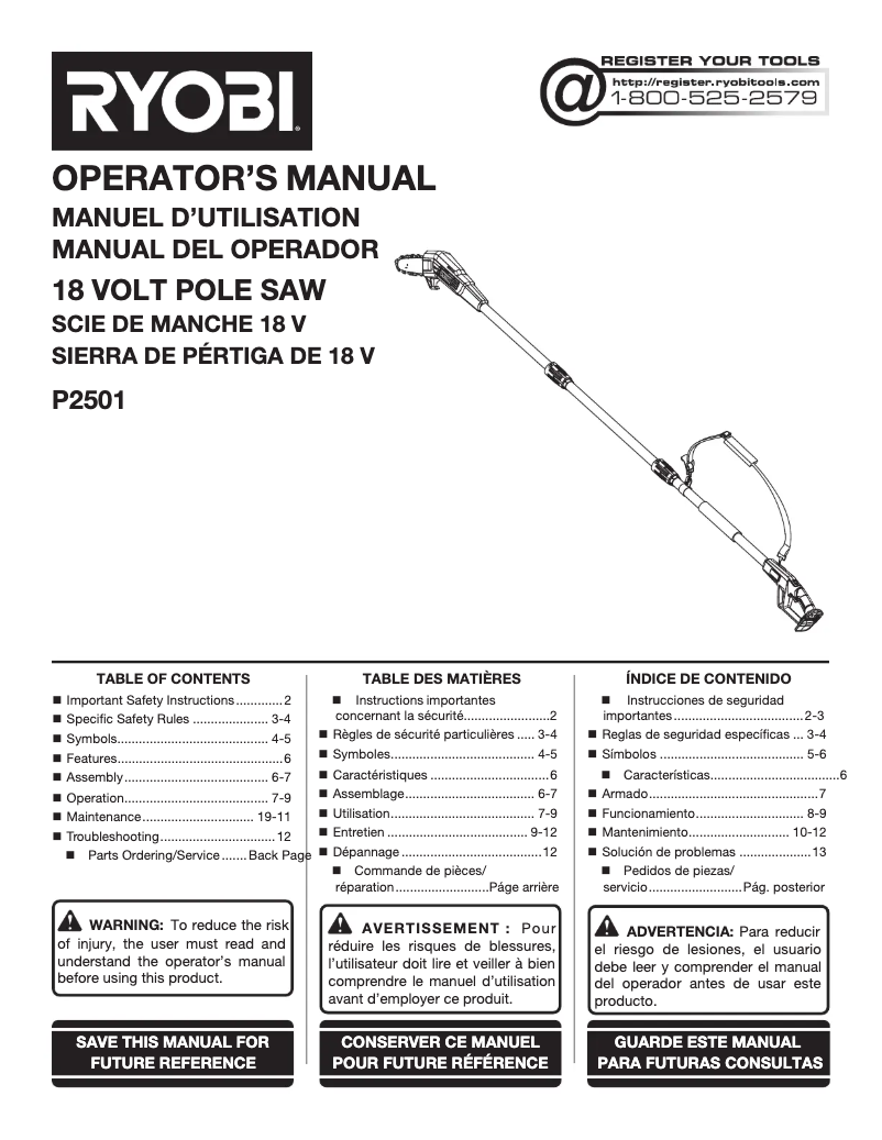 Page 1 de la notice Manuel utilisateur RYOBI One+ P2501
