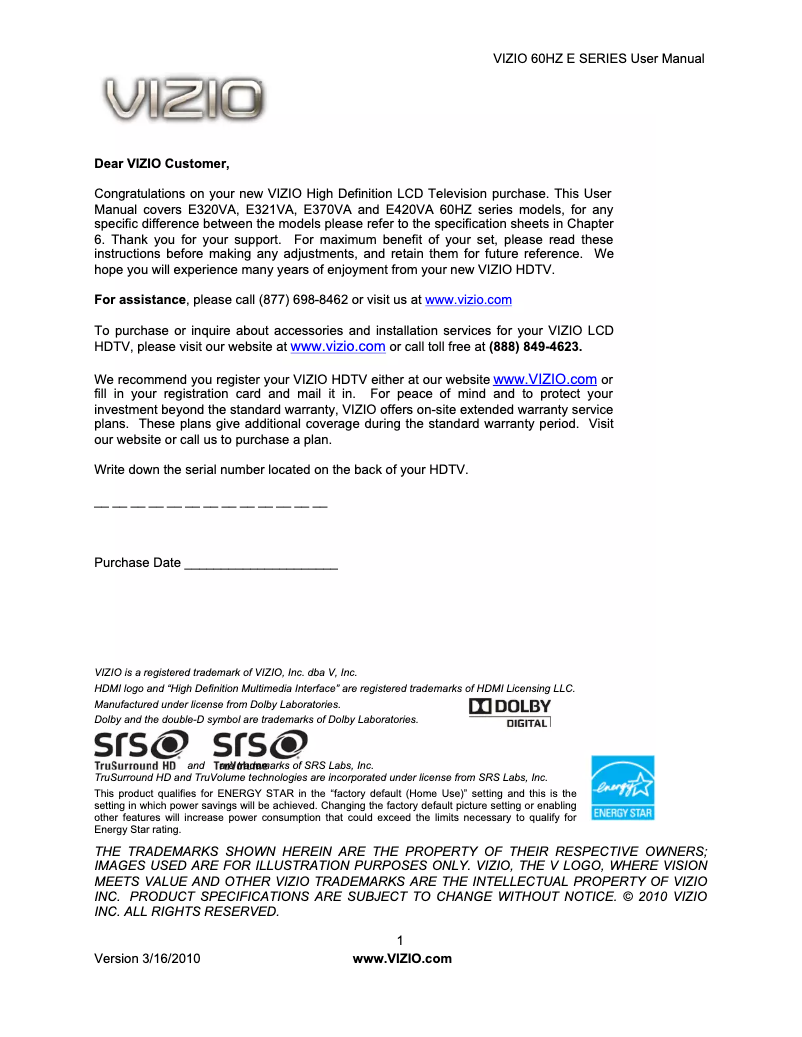 Page 1 de la notice Manuel utilisateur VIZIO E320VA
