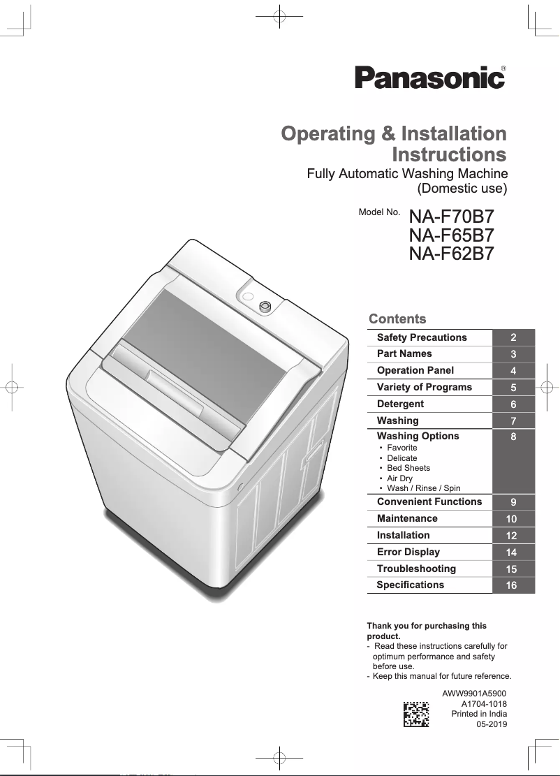 Page n°1 - Manuel utilisateur Panasonic NA-F65B7