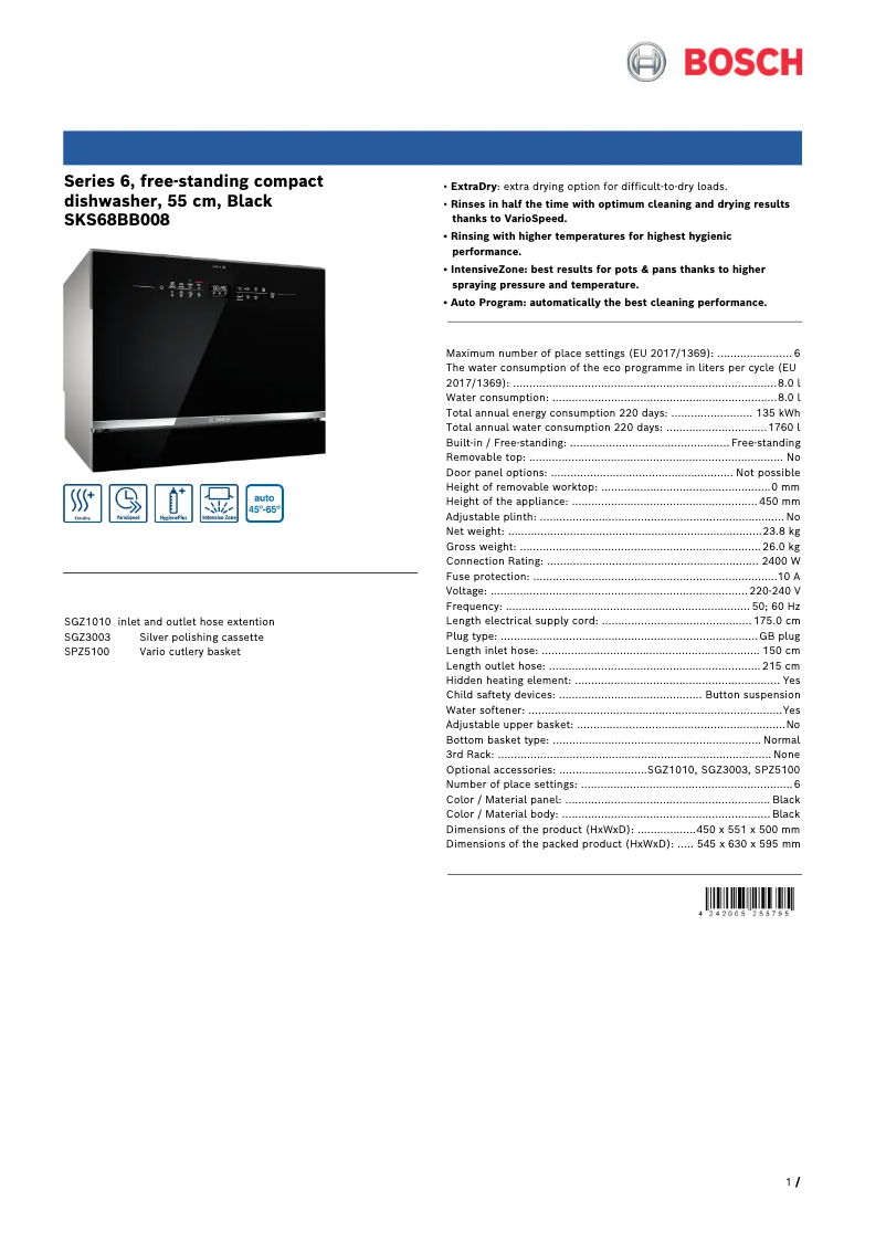 Página 1 del manual Ficha técnica Bosch SKS68BB008