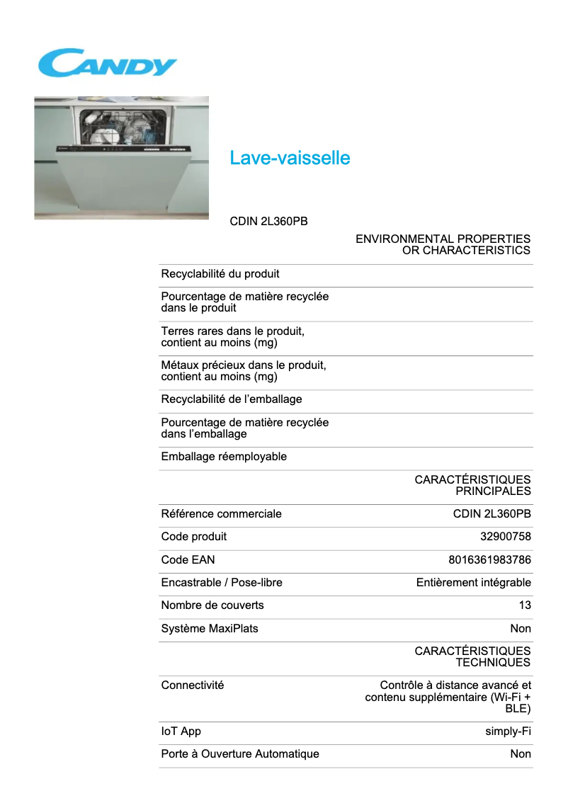 Page 1 de la notice Fiche technique Candy CDIN 2L360PB