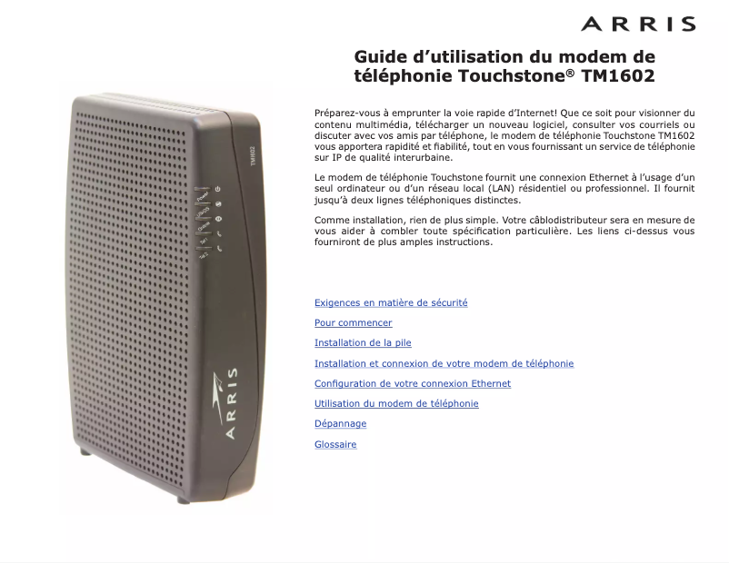 Page n°1 - Manuel utilisateur Arris Touchstone TM1602