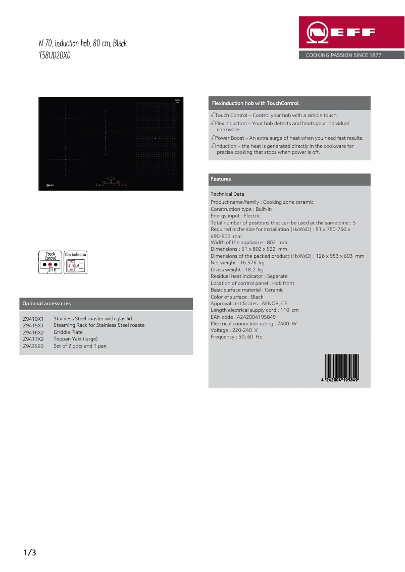 Page 1 de la notice Fiche technique Neff T58UD20X0