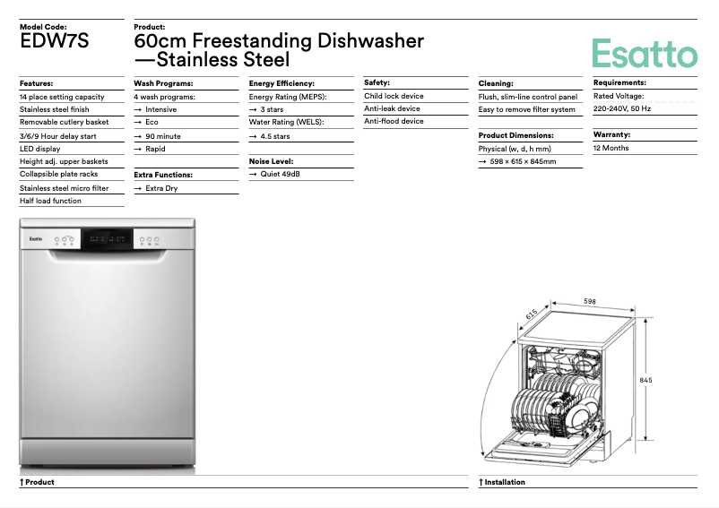 Page 1 de la notice Fiche technique Esatto EOCDWPK
