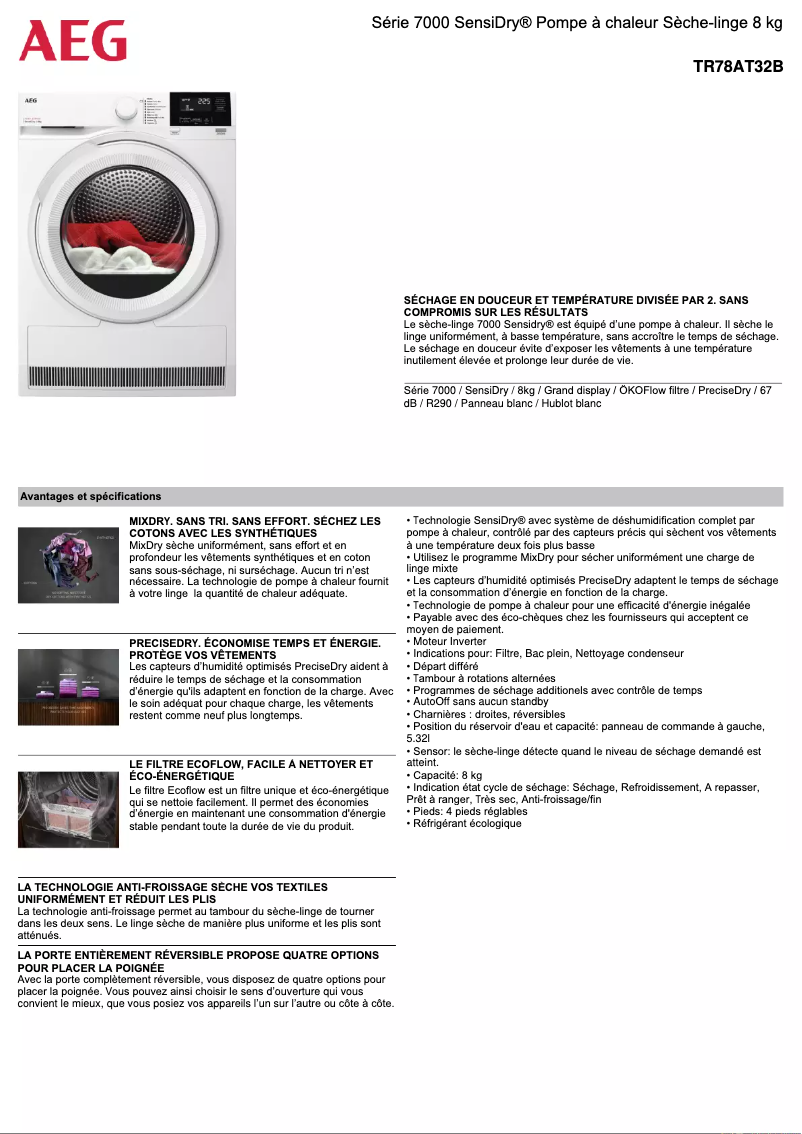 Page 1 de la notice Fiche technique AEG TR78AT32B