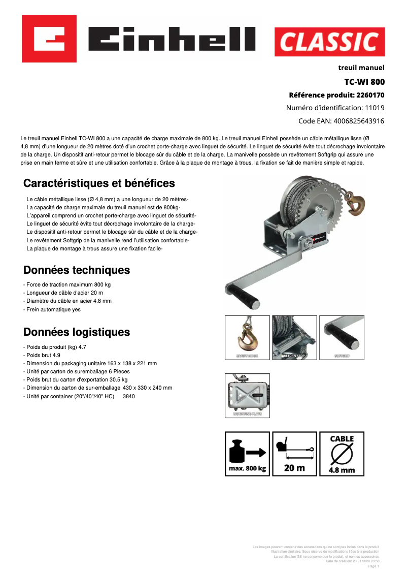 Page 1 of the manual Technical Sheet Einhell TC-WI 800