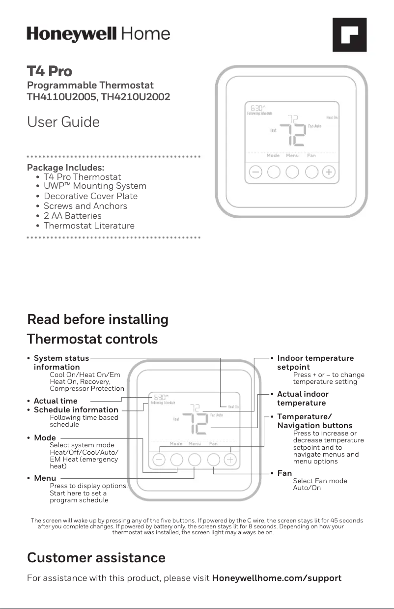 Page n°1 - Manuel utilisateur Honeywell T4 Pro TH4110U2005