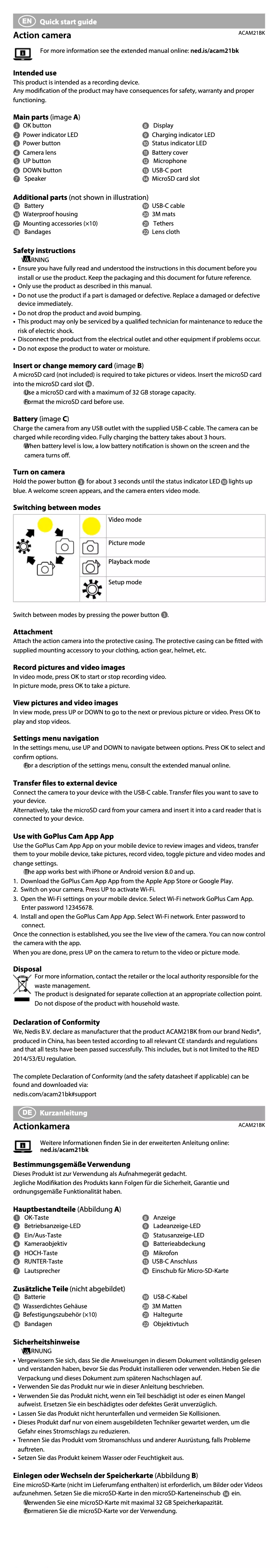 Page 1 de la notice Manuel utilisateur Nedis ACAM21BK