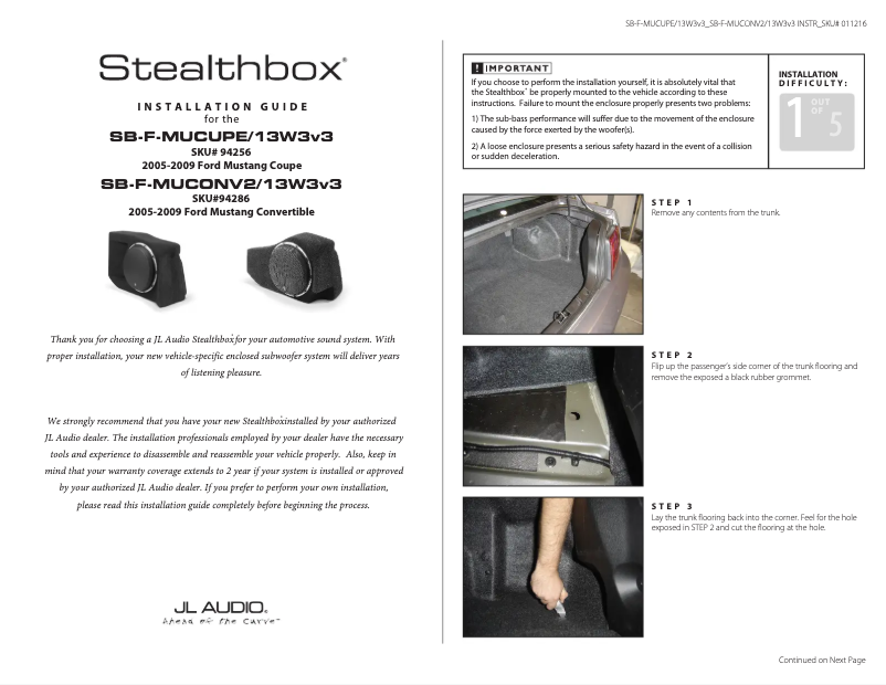 Page n°1 - Manuel utilisateur JL Audio Stealthbox SB-F-MUCUPE/13W3v3