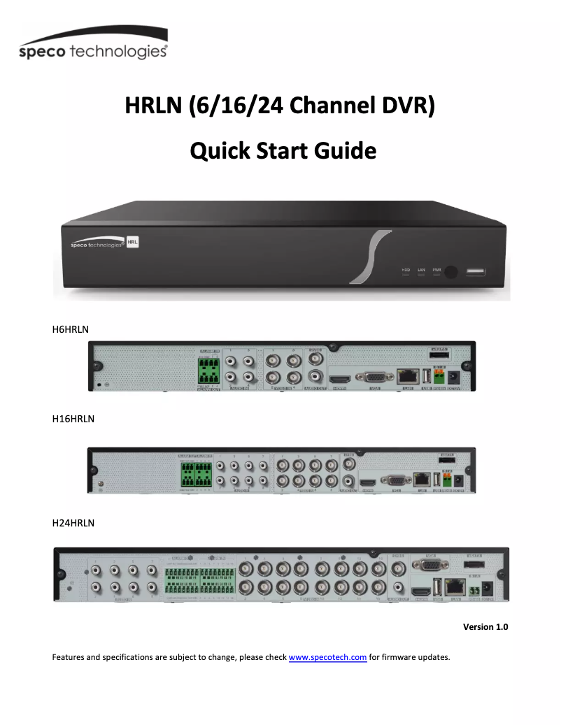 Page n°1 - Guide de démarrage rapide Speco Technologies H16WHRLN