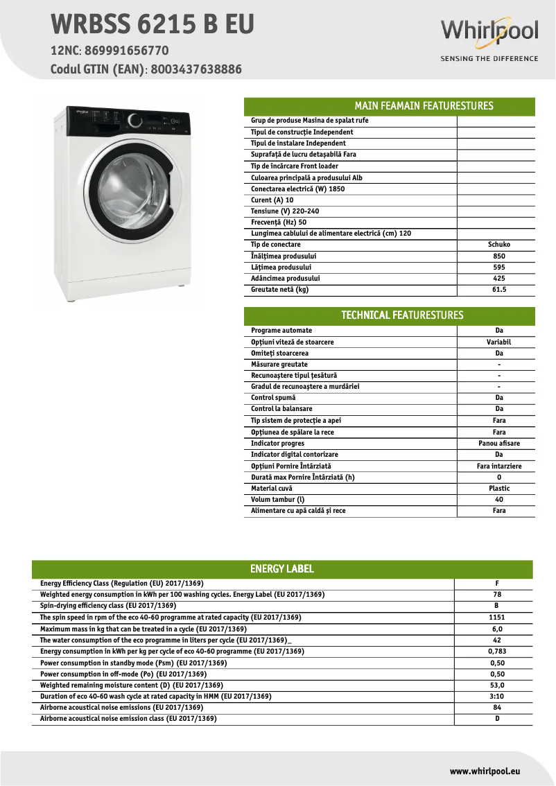 Page 1 de la notice Fiche technique Whirlpool WRBSS 6215 B EU