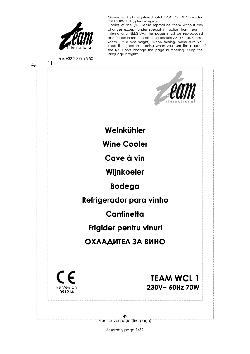 Page 1 de la notice Manuel utilisateur Team WCL 1