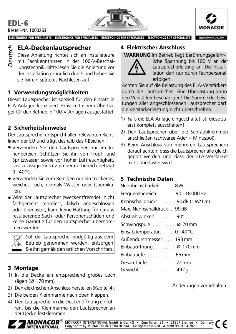 Page n°1 - Manuel utilisateur Monacor EDL-6