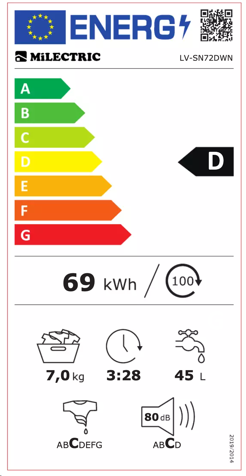 Page 1 de la notice Label énergétique Milectric LV-SN72DWN