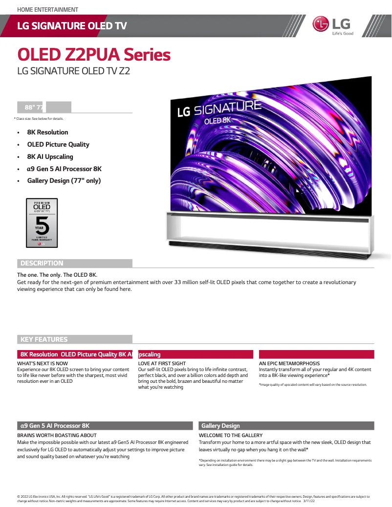 Page 1 de la notice Fiche technique LG OLED88Z2PUA