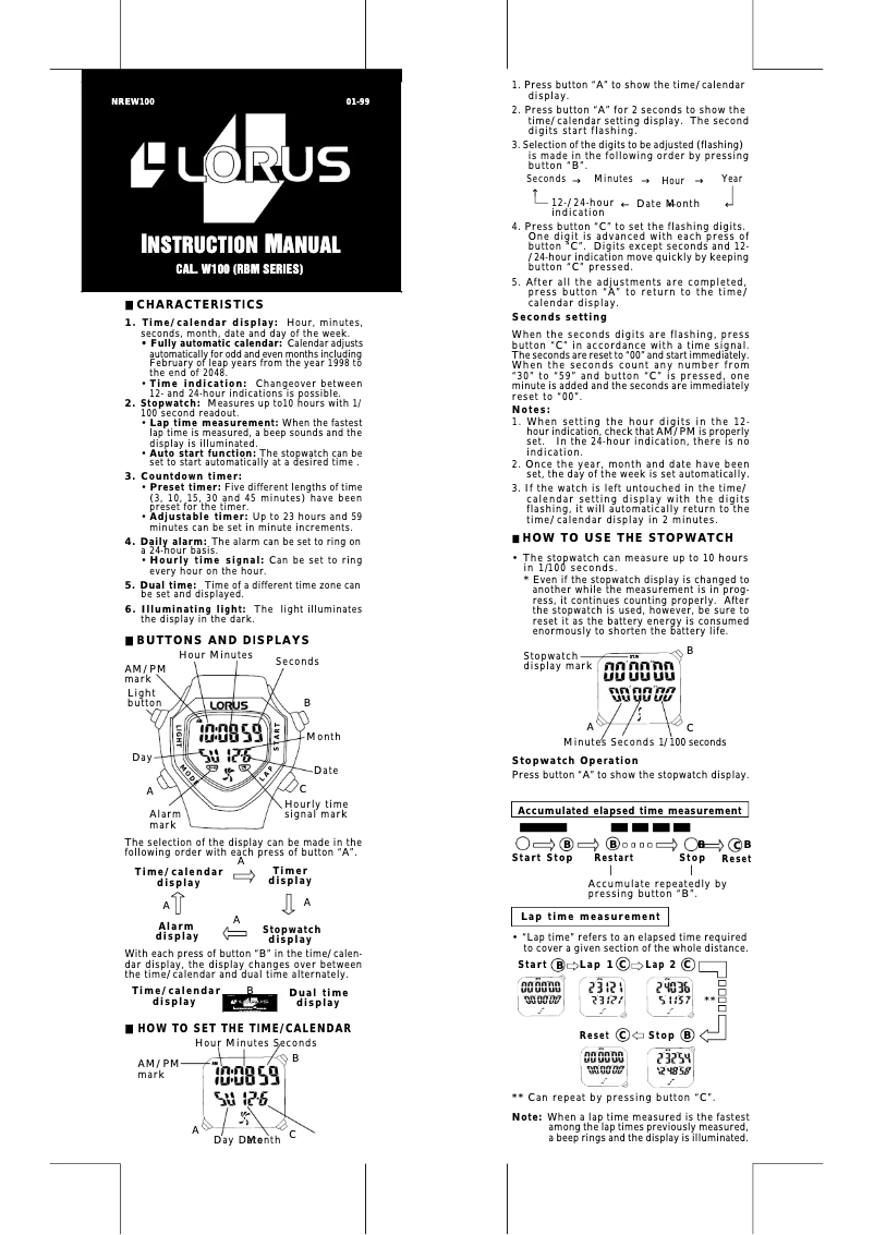 Page 1 de la notice Manuel utilisateur Lorus W100