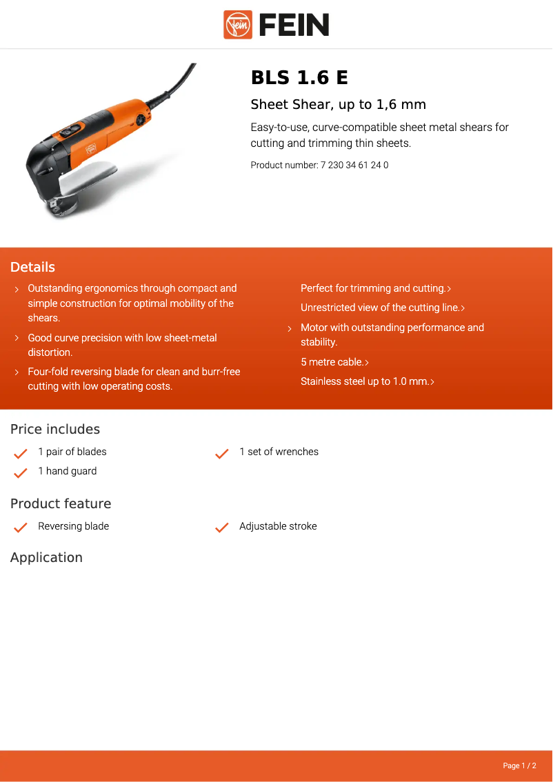 Page 1 de la notice Fiche technique Fein BLS 1.6 E