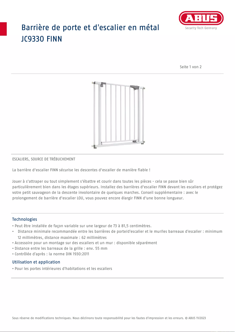 Page 1 de la notice Fiche technique Abus JC9330