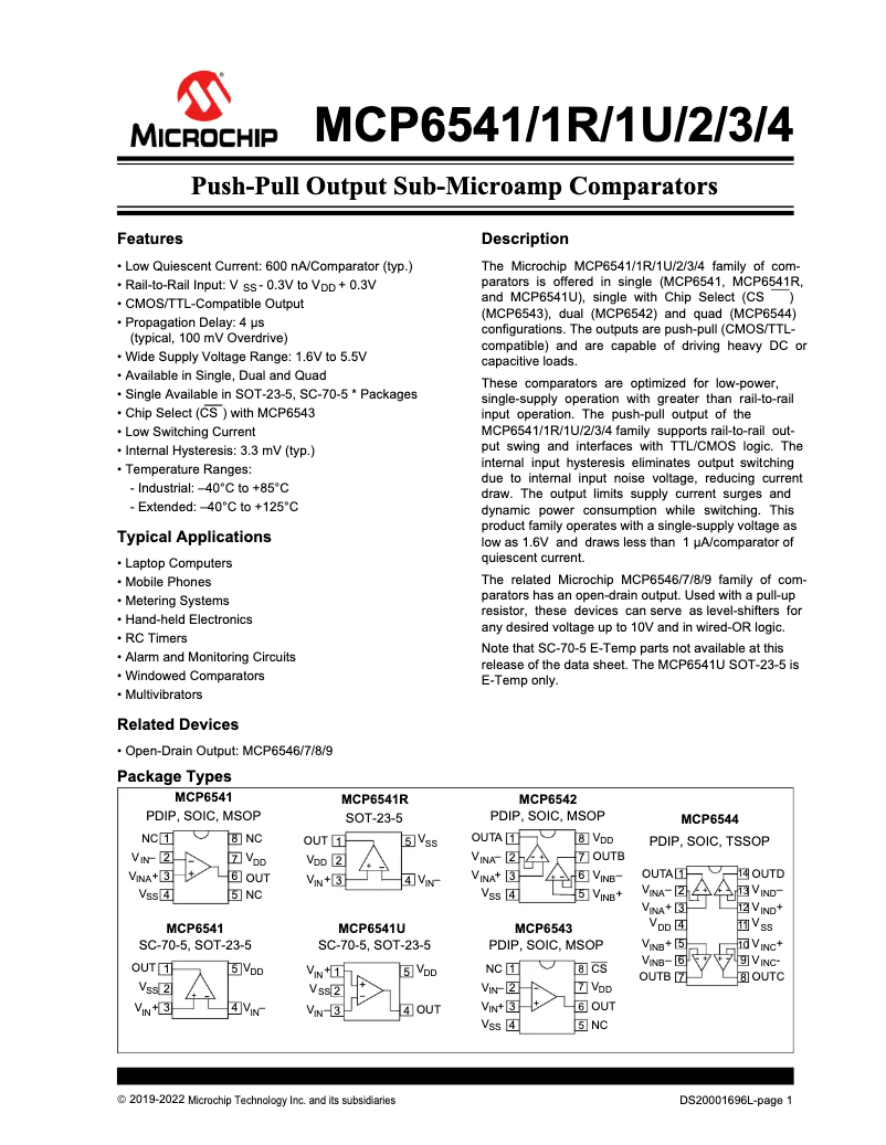 Page 1 de la notice Fiche technique Microchip MCP6543