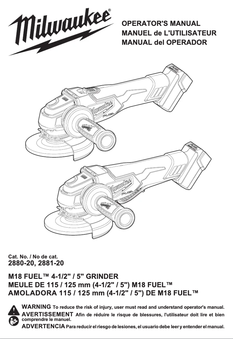 Page 1 de la notice Manuel utilisateur Milwaukee 2881-20