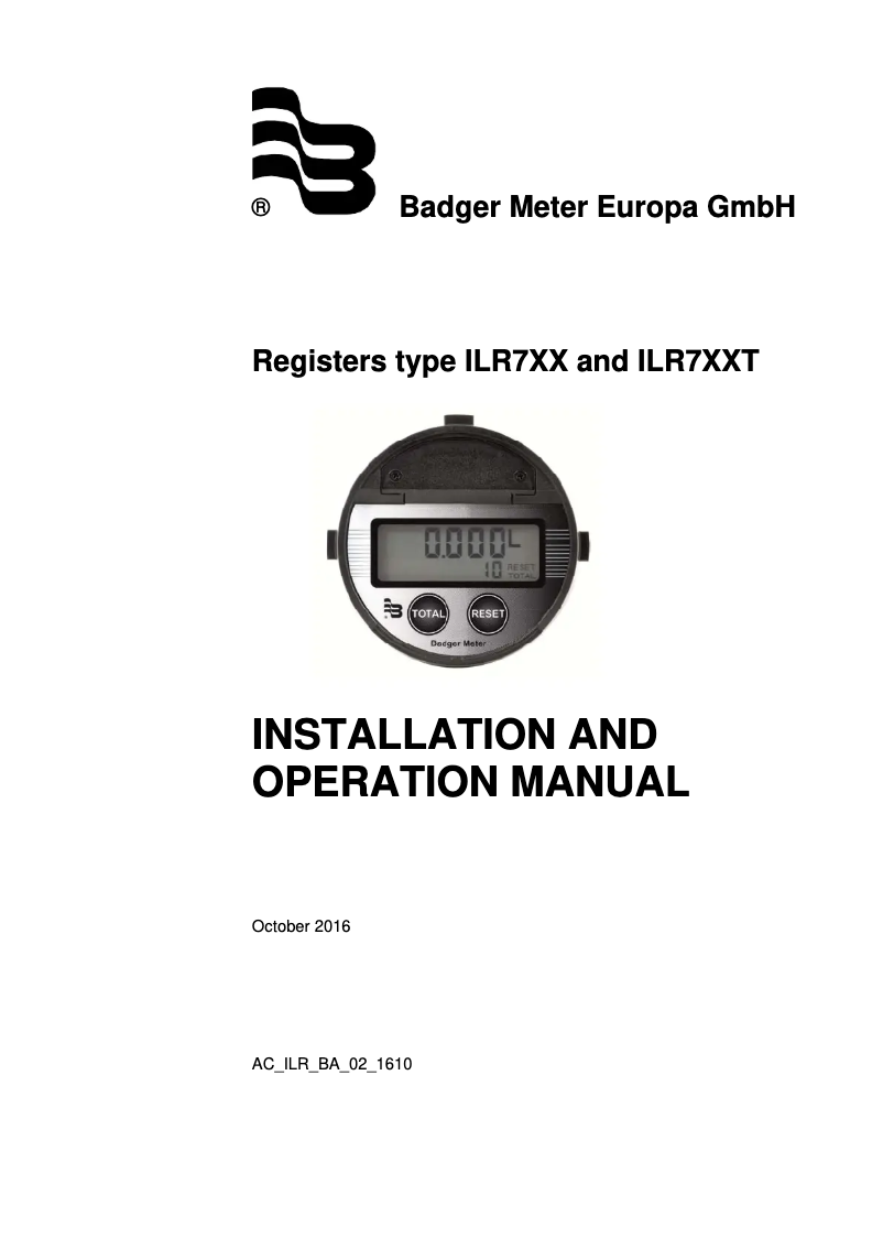 Page n°1 - Manuel utilisateur Badger Meter ILR701T