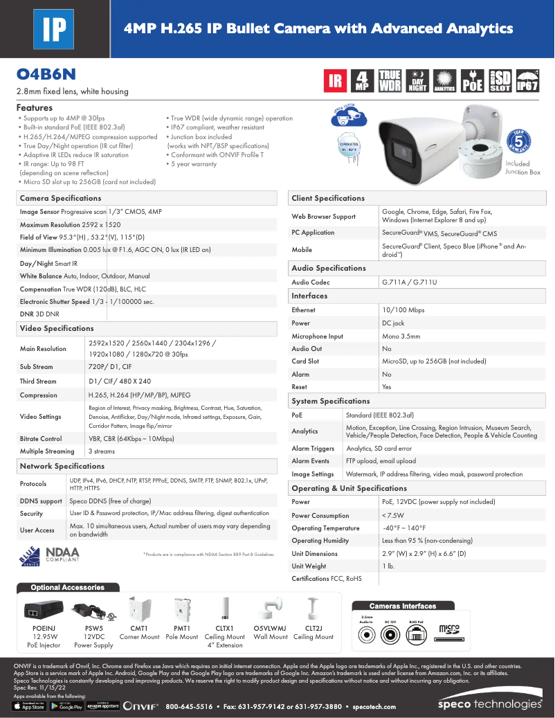 Page 1 de la notice Fiche technique Speco Technologies O4B6N