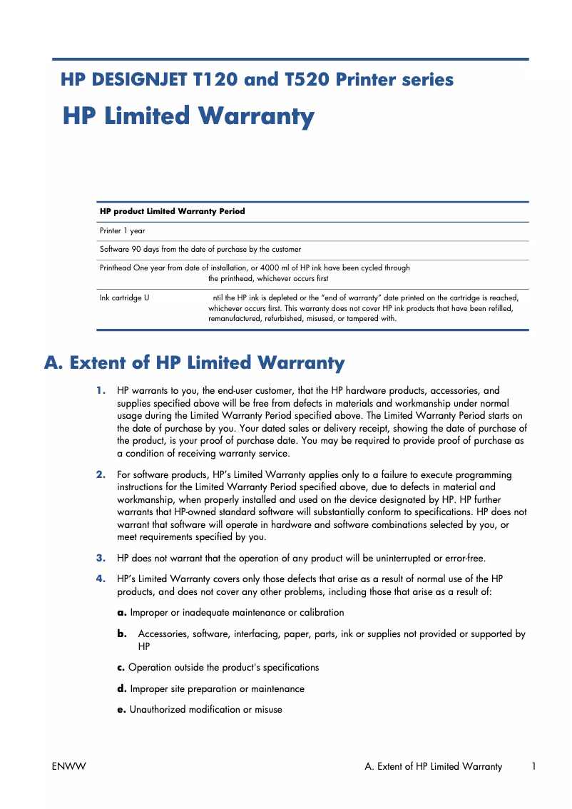 Page n°1 - Informations de garantie HP Designjet T520