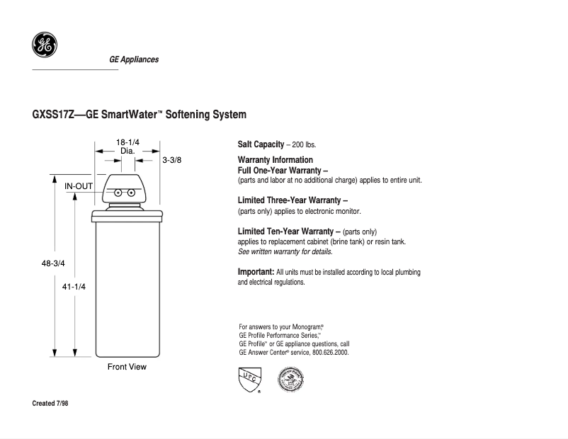 Page n°1 - Fiche technique GE GXSS17Z