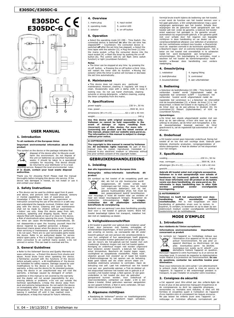 Page 1 de la notice Manuel utilisateur Perel E305DC