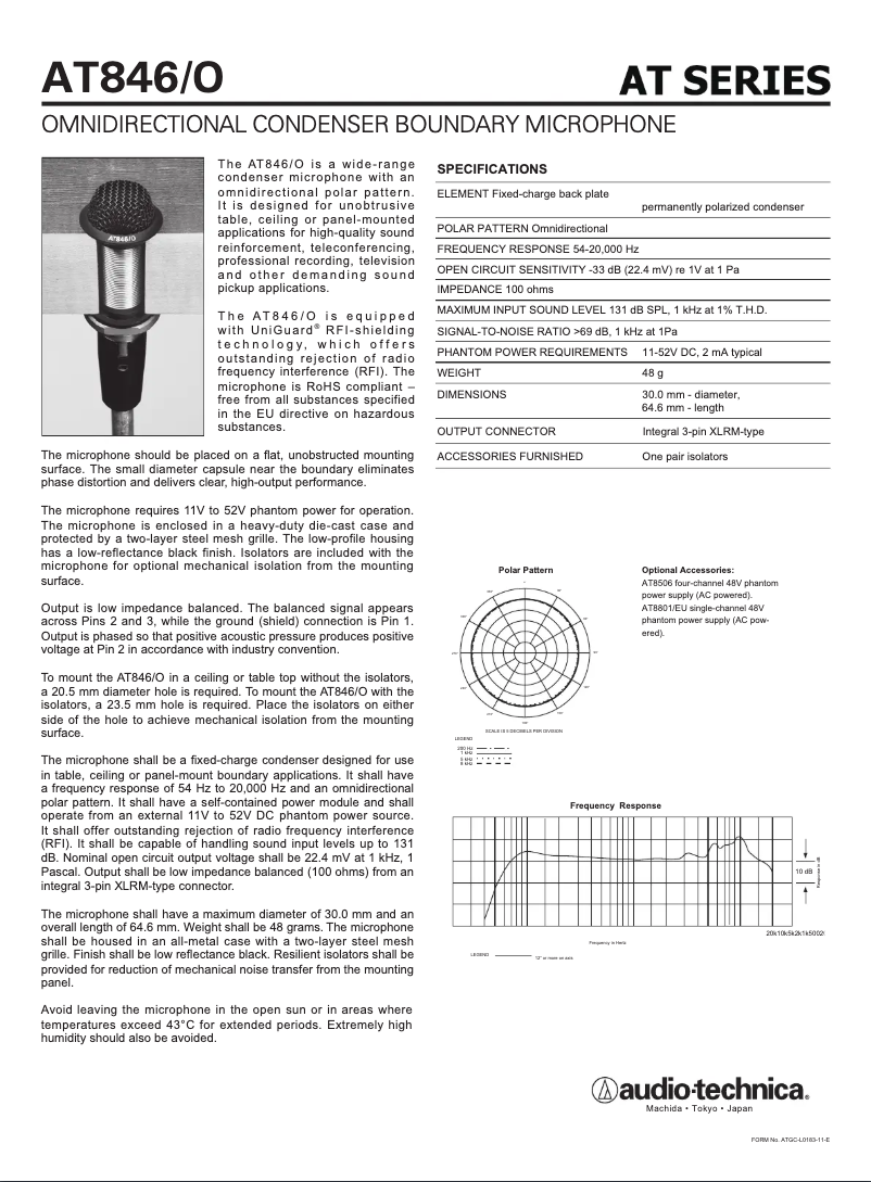Page 1 de la notice Manuel utilisateur Audio-Technica AT846/O