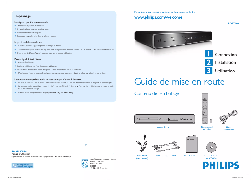 Page 1 of the manual Quick Start Guide Philips BDP7200