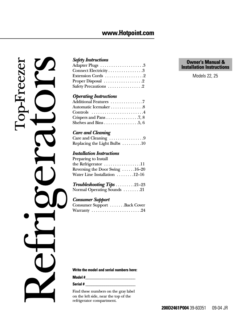 Page n°1 - Manuel utilisateur Hotpoint HTS22CBPWW