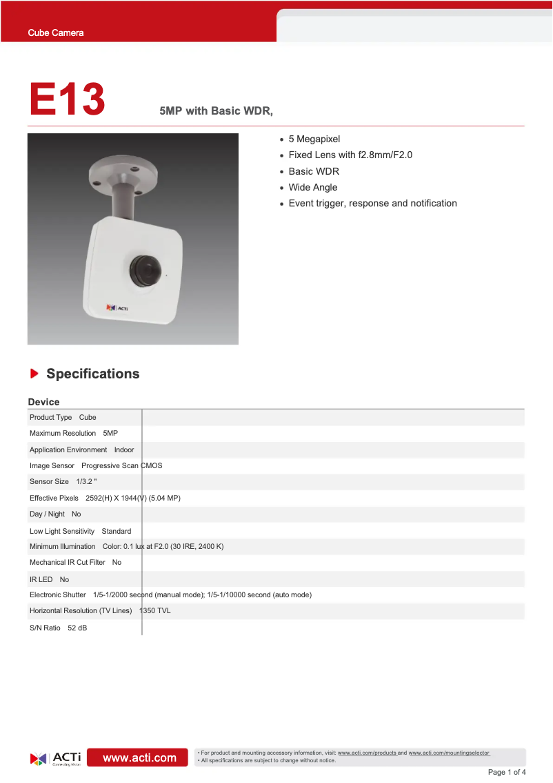 Page n°1 - Fiche technique ACTi E13