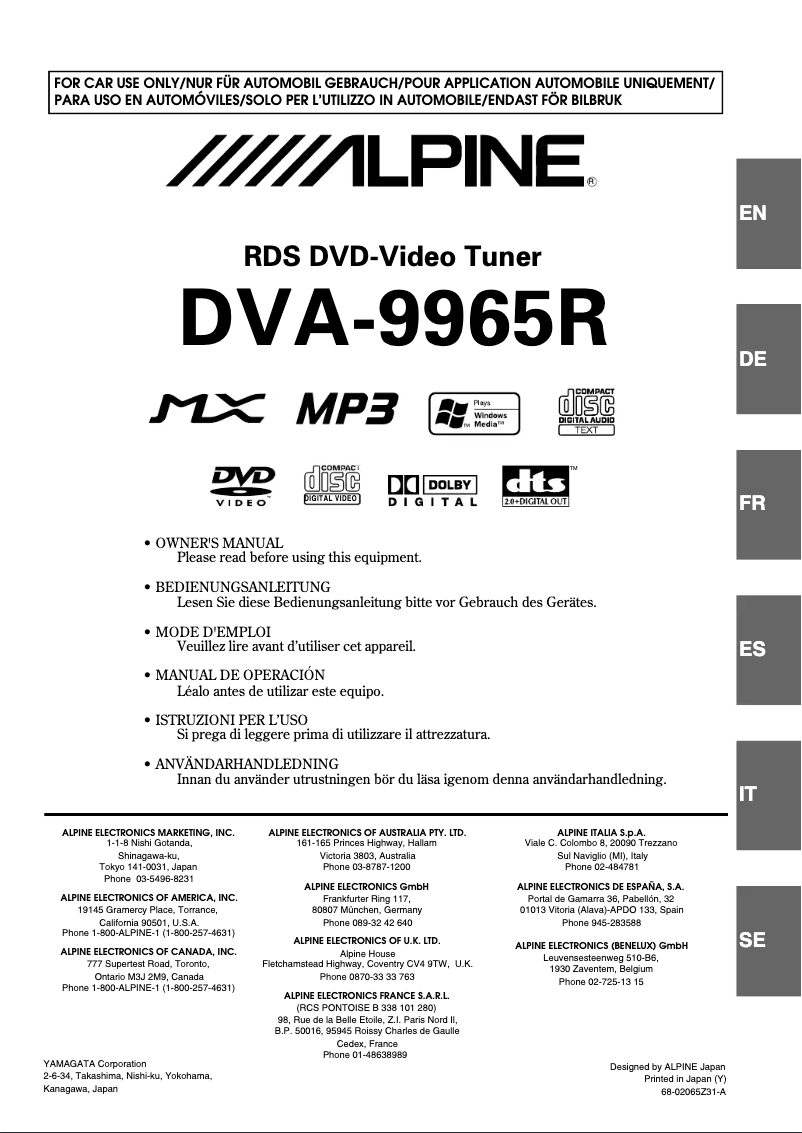 Page 1 de la notice Manuel utilisateur Alpine DVA-9965R