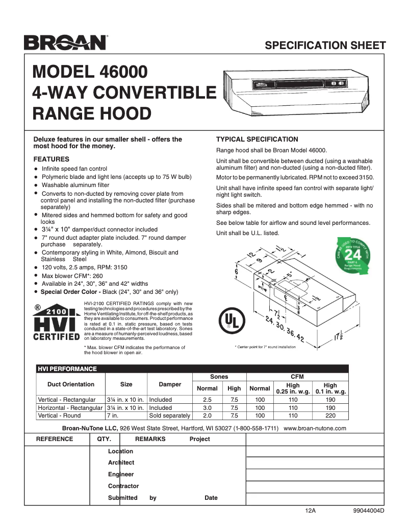 Page 1 de la notice Fiche technique Broan 463604