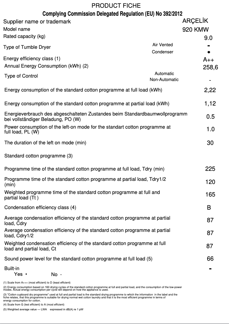 Page 1 de la notice Fiche technique Arçelik 920 KMW