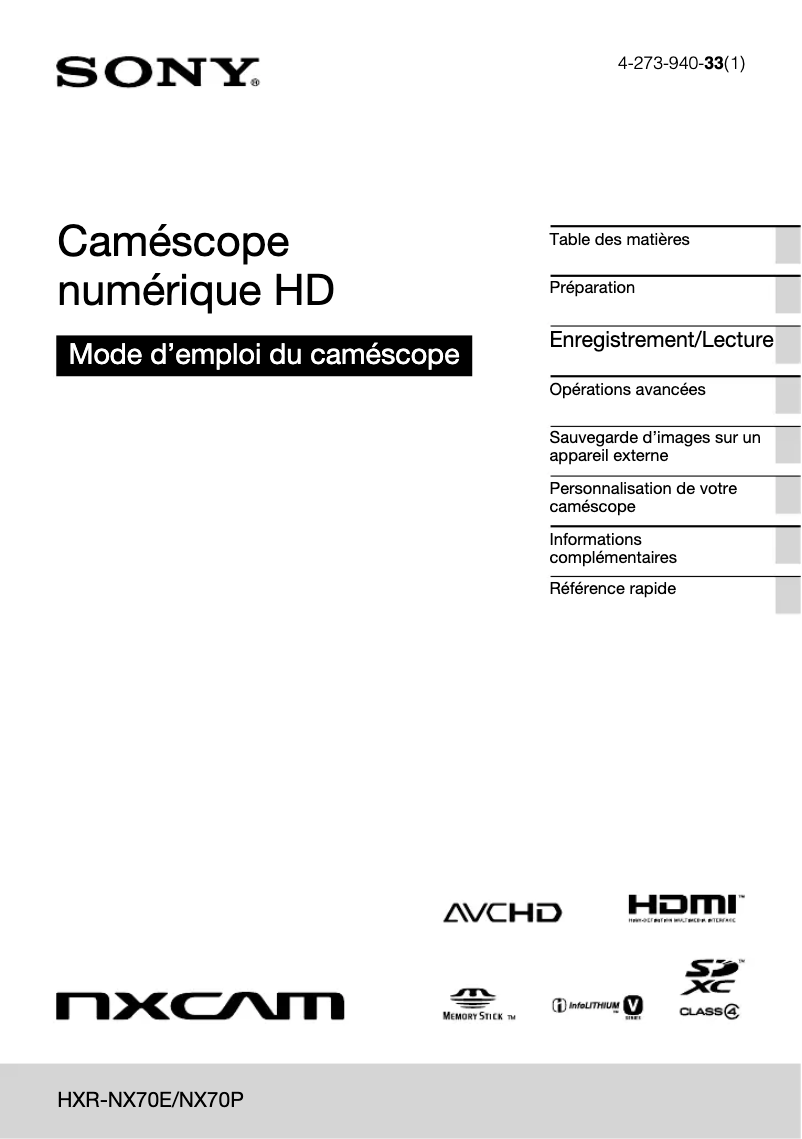 Page 1 de la notice Manuel utilisateur Sony HXR-NX70E