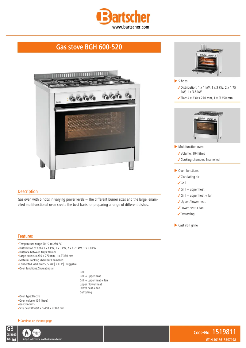 Page n°1 - Fiche technique Bartscher BGH 600-520