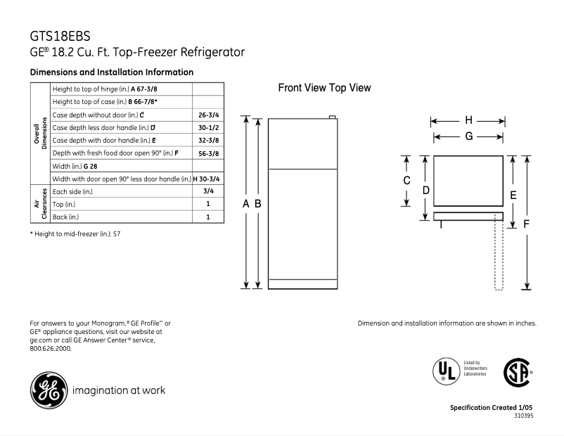 Page n°1 - Fiche technique GE GTS18EBSWW