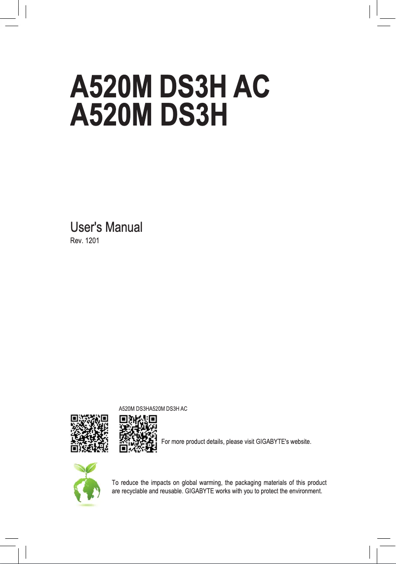 Page 1 de la notice Manuel utilisateur Gigabyte A520M DS3H