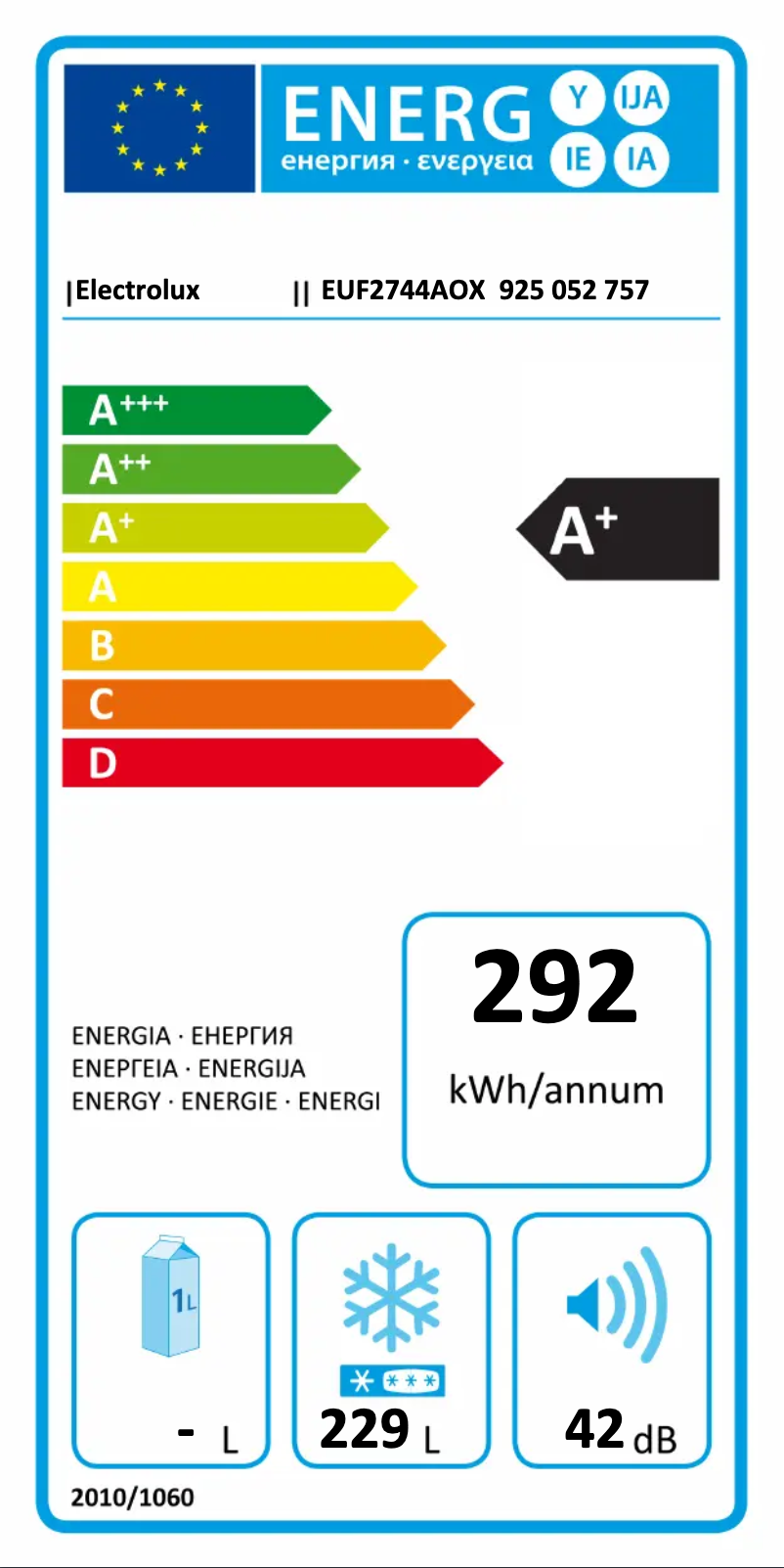 Page 1 de la notice Label énergétique Electrolux EUF2744AOX