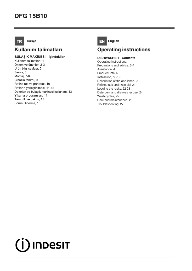 Page n°1 - Manuel utilisateur Indesit DFG 15B10 TK