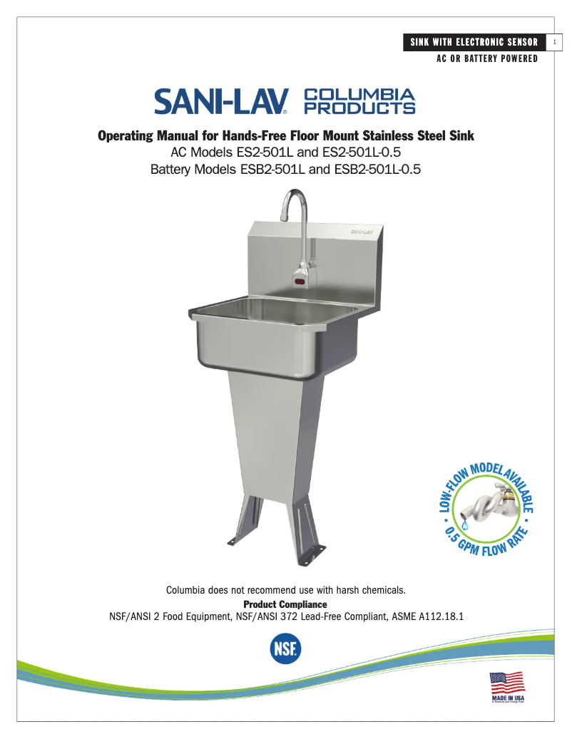 Page 1 de la notice Manuel utilisateur Sani-Lav ES2-501L