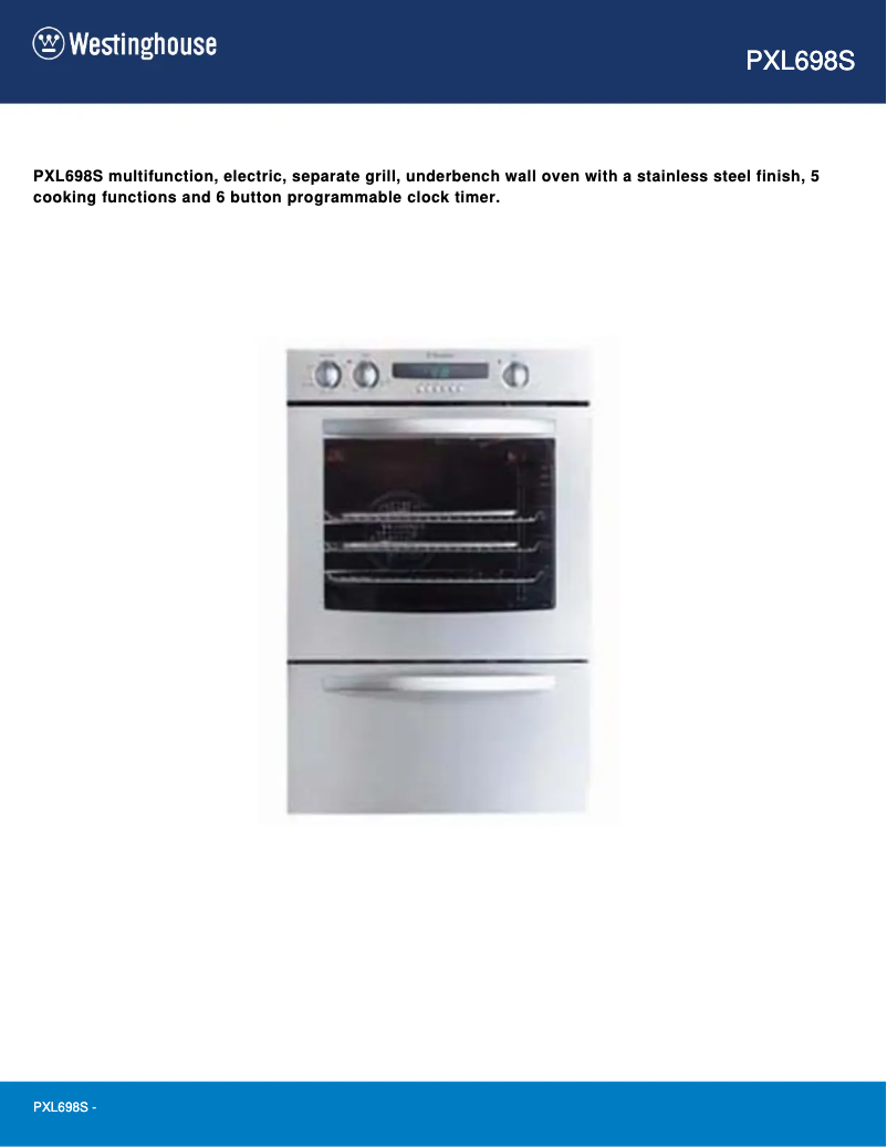Page 1 de la notice Fiche technique Westinghouse PXL698S