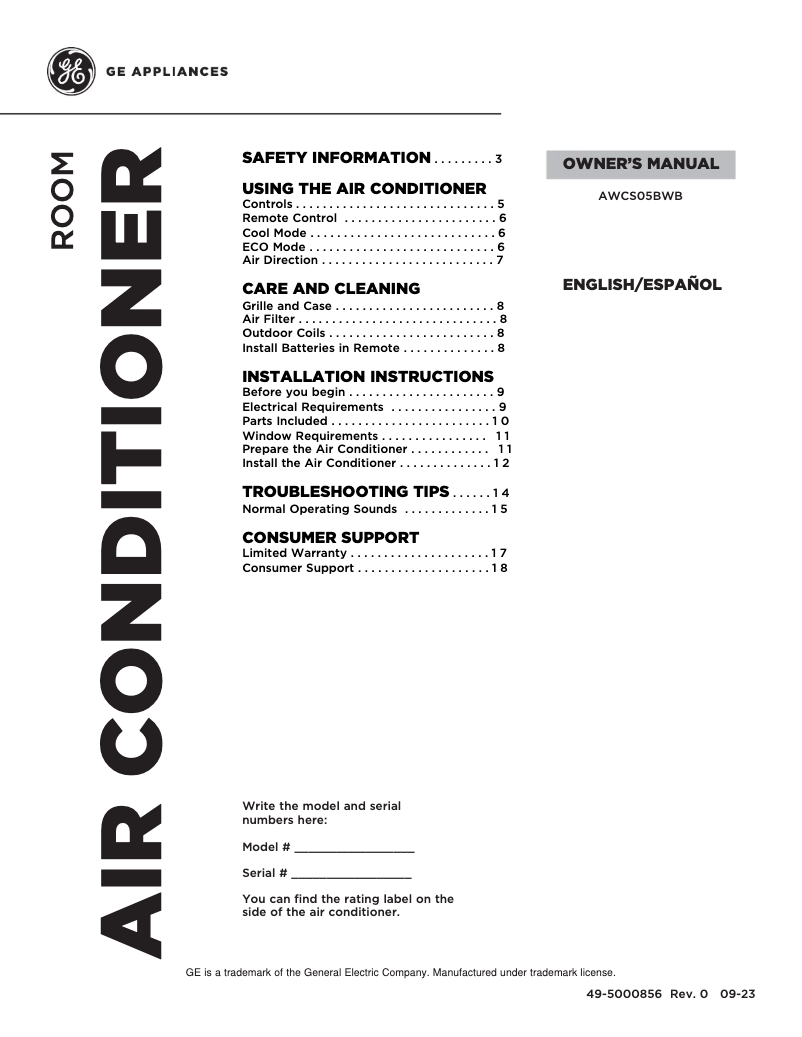 Page n°1 - Manuel utilisateur GE AWCS05BWB
