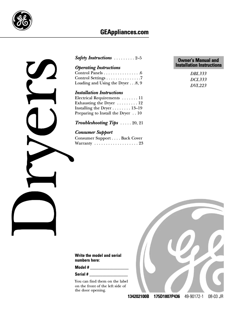 Page n°1 - Guide d'installation GE DBL333GBCC